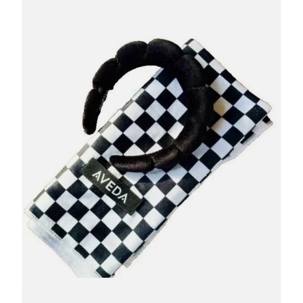 Aveda Hair Wrap Towel Turban Black and White Checked With Black Headband